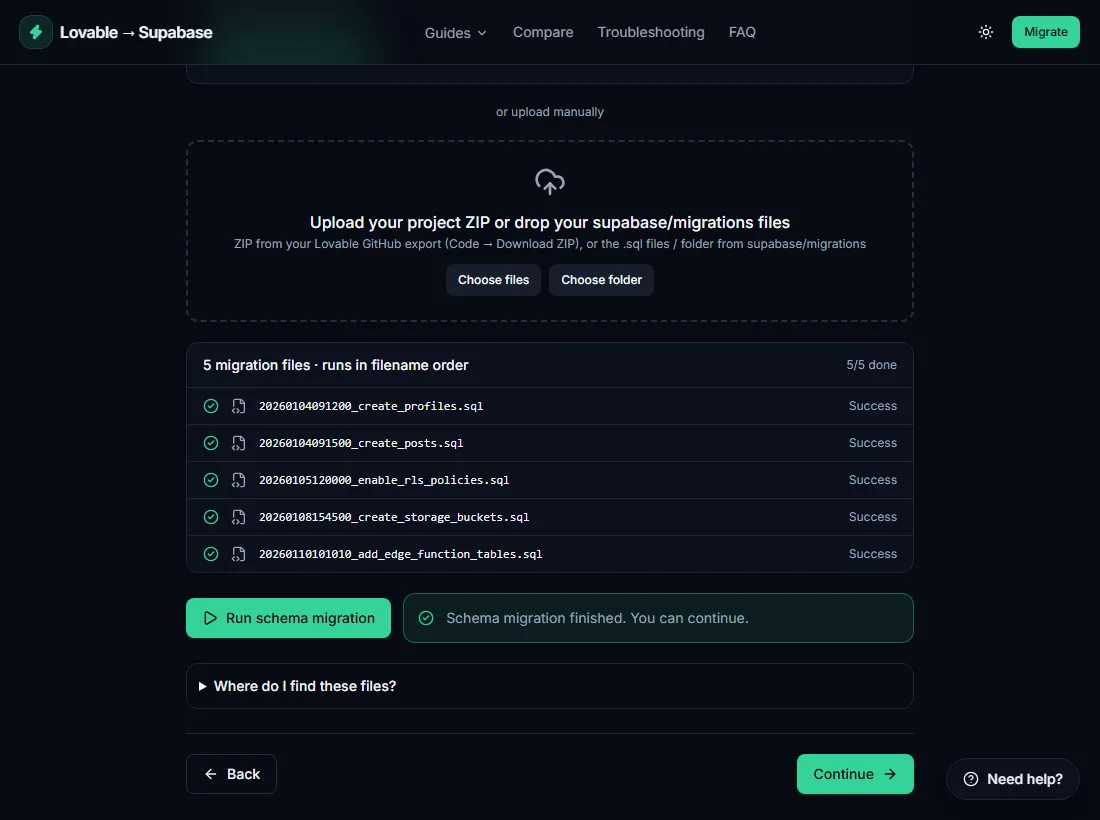 Lovable Cloud to Supabase migration tool running a schema migration with every migration file marked as successful